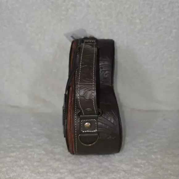 Handcrafted Mexican Tooled Brown Leather Heart-Shaped Crossbody Bag